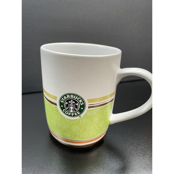 2 Starbucks Cups/ Mugs Mermaid Logo 2008 Green White Brown Orange Stripes - Picture 3 of 4